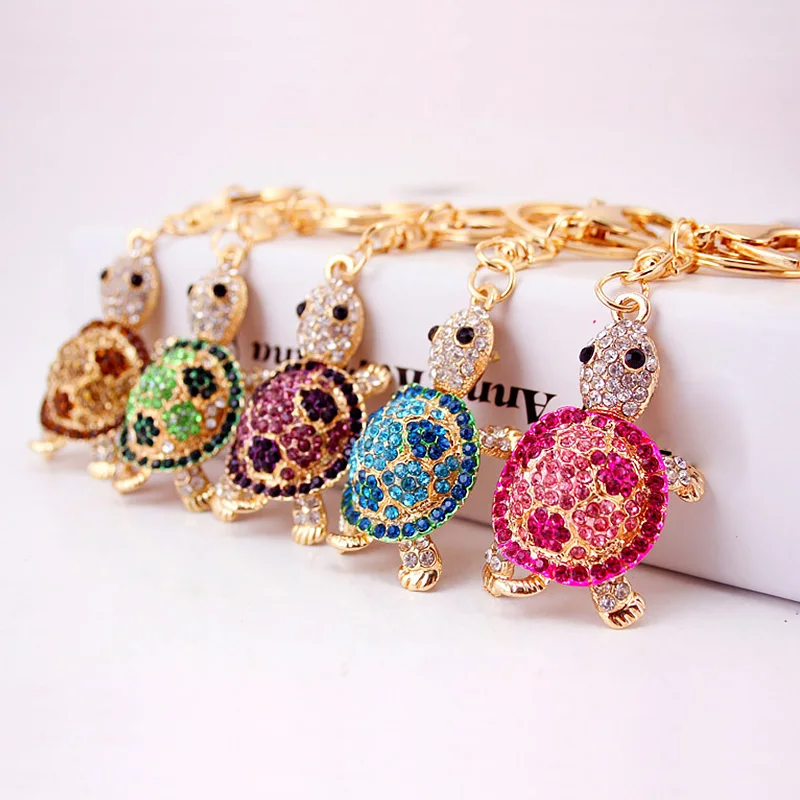 Fashion Rhinestone Crystal Metal Keychain Lovely Cartoon Marine Style Tortoise Fish Dolphin Keyring HandBag Car Pendant Gift