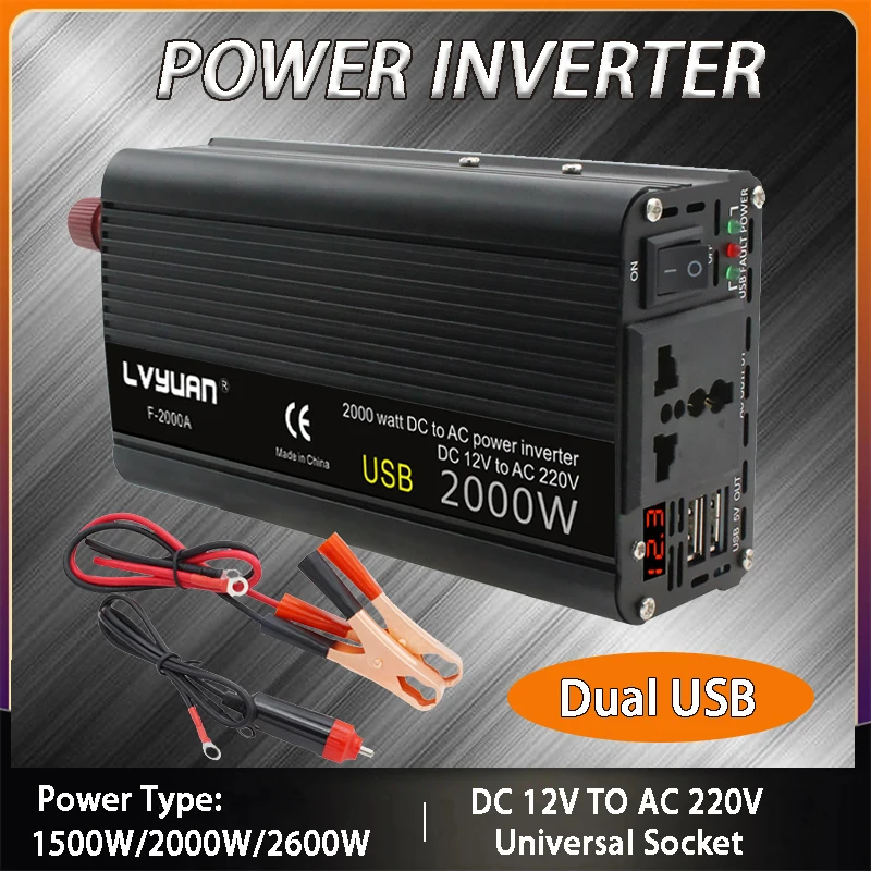 LED Display Car Inverter DC 12V to AC 220V 1500W/2000W/2600W Portable Charger Converter Adapter Universal Socket Power Inverter