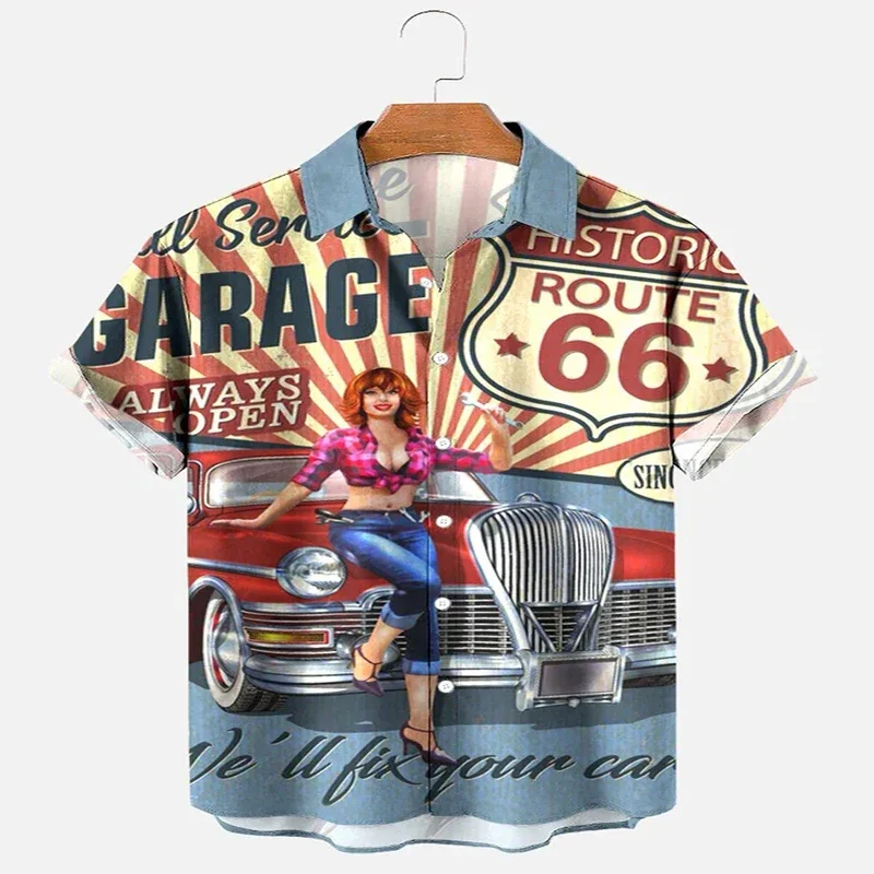 Chemise hawaïenne imprimée en 3D pour hommes et femmes, chemise décontractée unisexe, Route 66 et la voiture