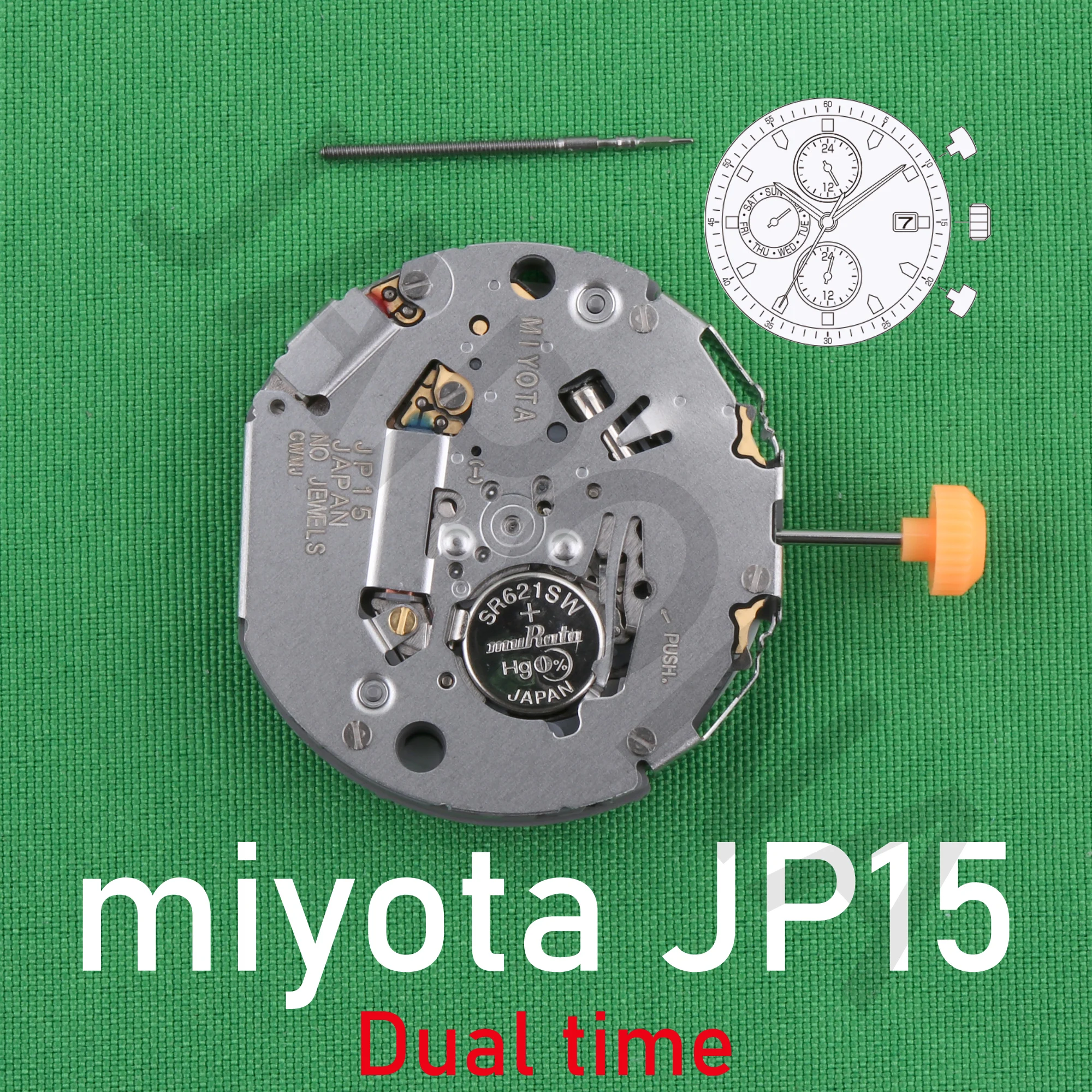 JP15 movement miyota JP15-3 Japanese movement Dual time movement with 2 push buttons. Subdials enable a wide variety of designs.