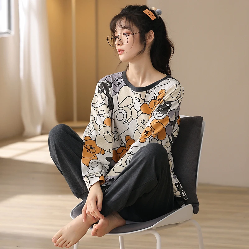 Autumn Women's Cotton Pajama Set Cute Cartoon Flower Women Pajamas Long Sleeve Round Neck Female Sleepwear Pyjamas Set