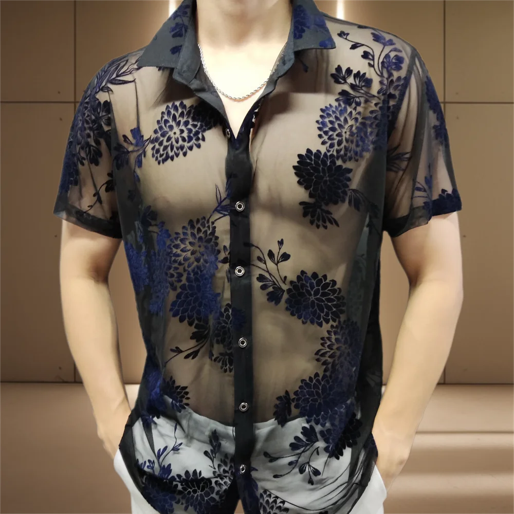 

Flower Shirt Men Transparent Short Sleeve Sexy Shirt Thin Cool Summer Top Blouse Social Club Outfits Party Designer Shirt