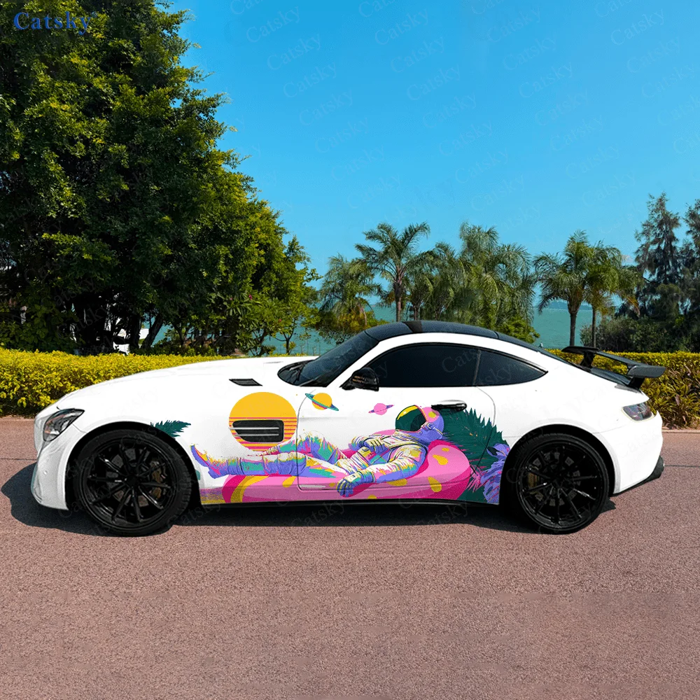 Space Astronaut Donut Car Side Sticker Decoration, PVC Waterproof Scratch Resistant Decal, Car Protection, Auto Accessories Gift