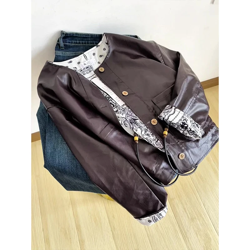 

Модная ретро-куртка из искусственной кожи для женщин, зимняя повседневная, с принтом, свободного кроя, для города, из искусственной кожи