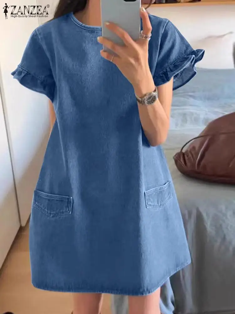 ZANZEA damska dżinsowa Mini sukienka moda letnia wzburzona sukienka letnia z krótkim rękawem Casual luźne sukienki z kieszeniami 2024 Vintage
