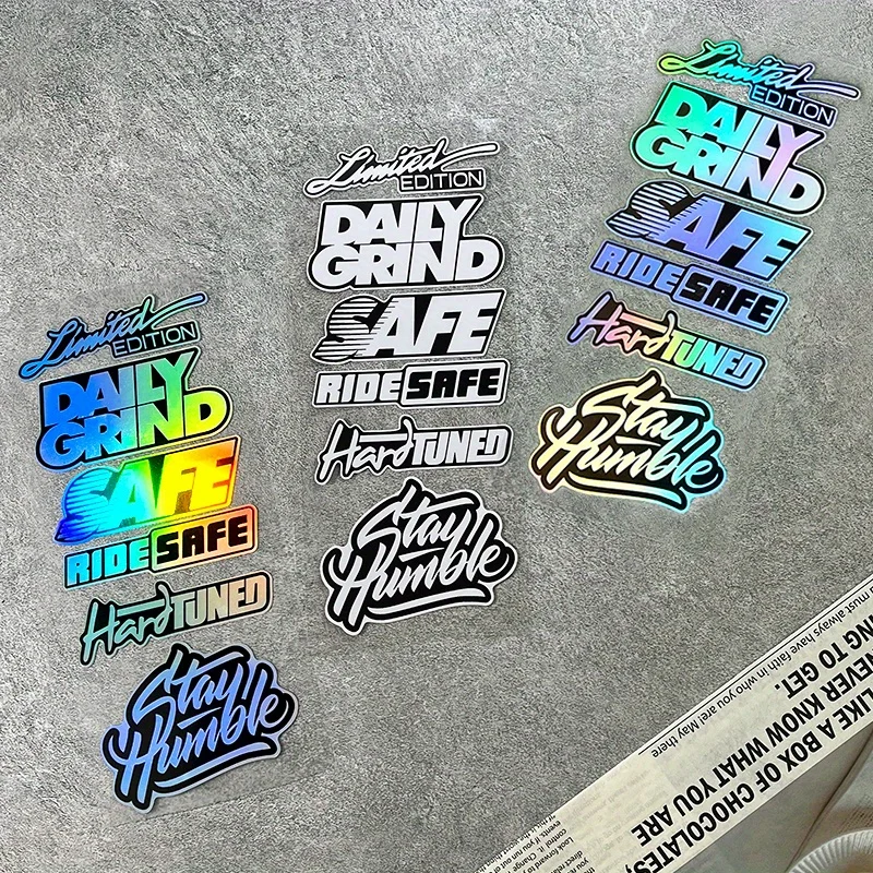 

6PCS/SET Eye - Catching Phrase Sticker Bundle, Dazzling Holographic and Monochrome Decals for Standout Decor