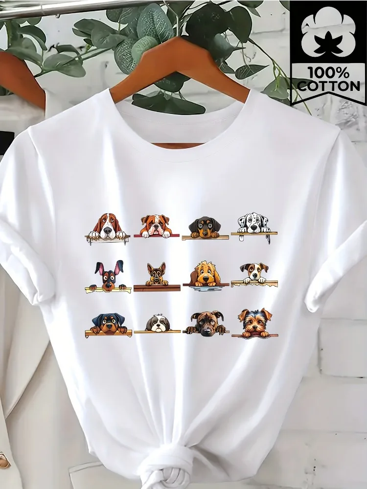 Soft Crew Neck Dog Pattern Print Women Casual Short-Sleeve T-Shirt Spring/Summer/Fall Fashion Top LoveTShirt Weekend Style Shirt