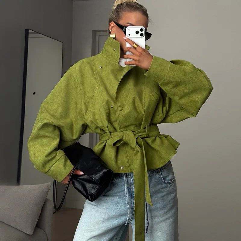 European and American Women's Clothing 2026 Spring New Fashion Stand Up Collar Tie Up Waist Cinching Short Small Windbreaker