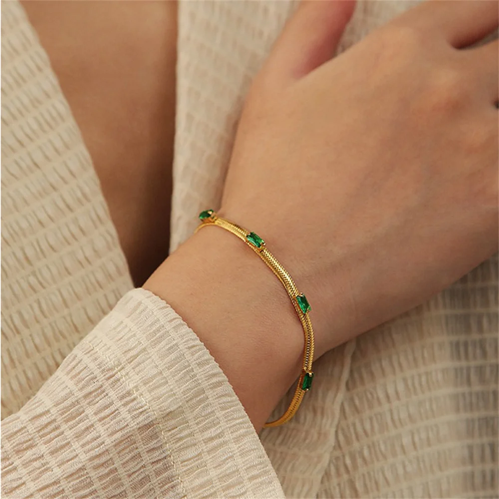 

Punk Fashion Flat Snake Chain Link Bracelet Female Gold Color Stainless Steel Green CZ Charm Bracelets for Women Jewelry Gift
