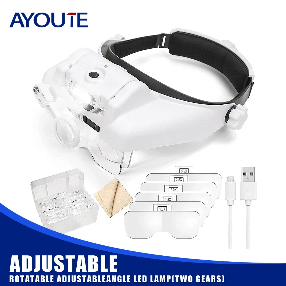 Headband Magnifier Illuminated Rechargeable Repair Solder Magnify Glasses Interchangeable Lens Third Hand Loupe for Solder