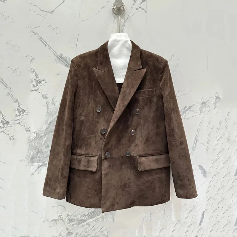 Echte leren jas 2025 Nieuwe mode damesjas voorjaar en herfst Suède leren pakstijl Dubbele rij knopen
