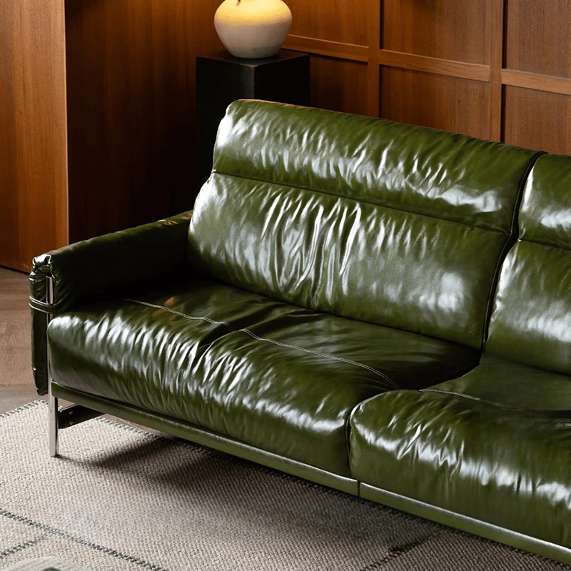 Retro Italian leather sofa, first layer cowhide textured oil wax leather sofa, retro green 2.5m