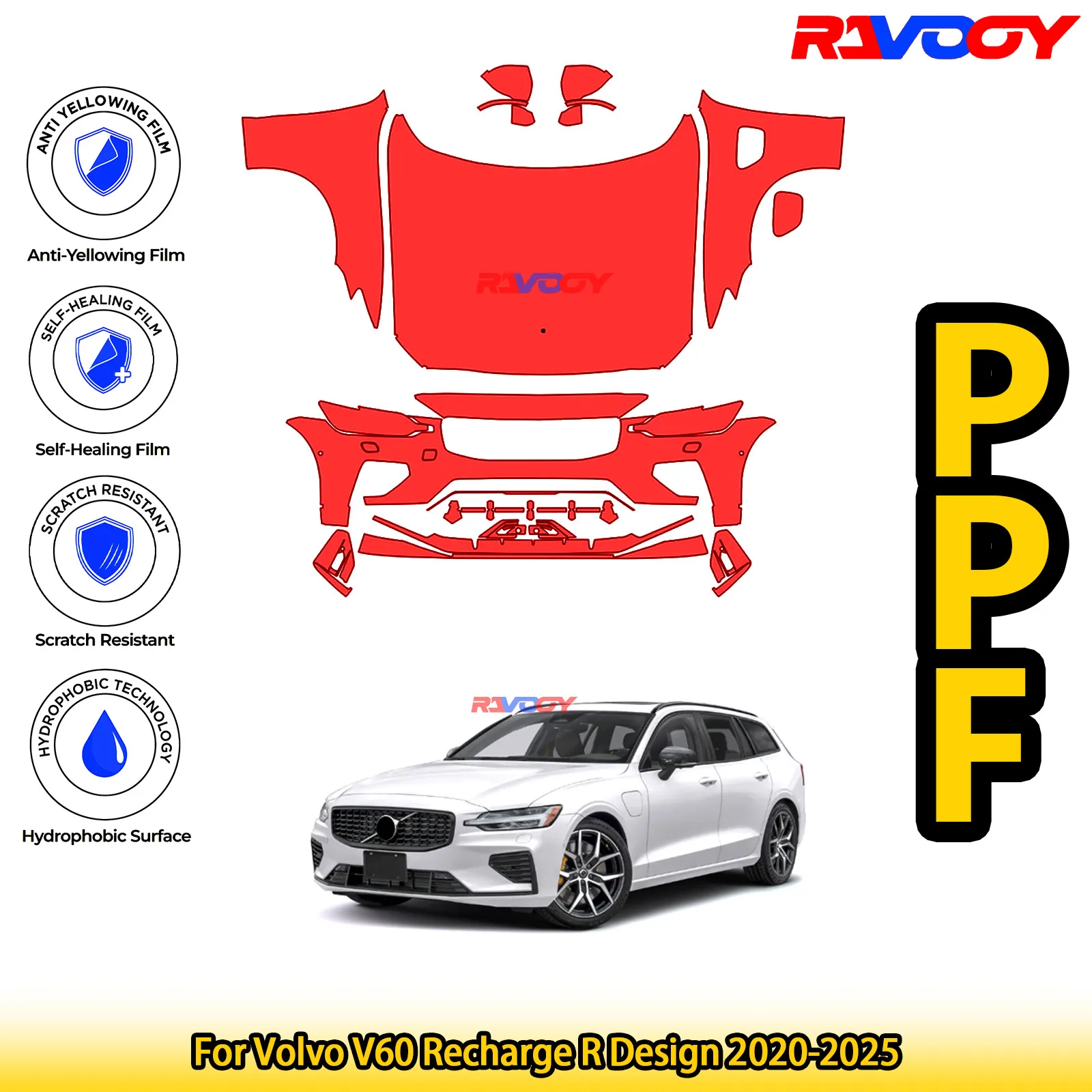 

Для Volvo V60 Recharge R Design 2020-2025 глянцевая матовая черная предварительно вырезанная передняя PPF комплект защитная пленка для краски