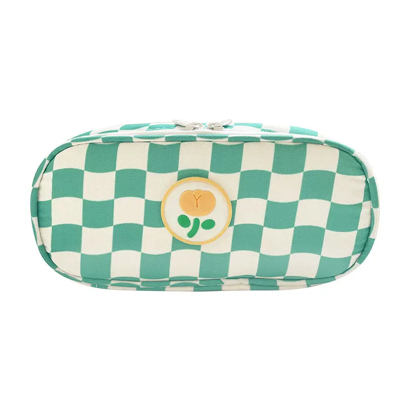 Kawaii Bear Rabbit Cartoon Checkerboard Large Capacity Pencil Case Korean Stationery Storage Bag School Stationery Bag