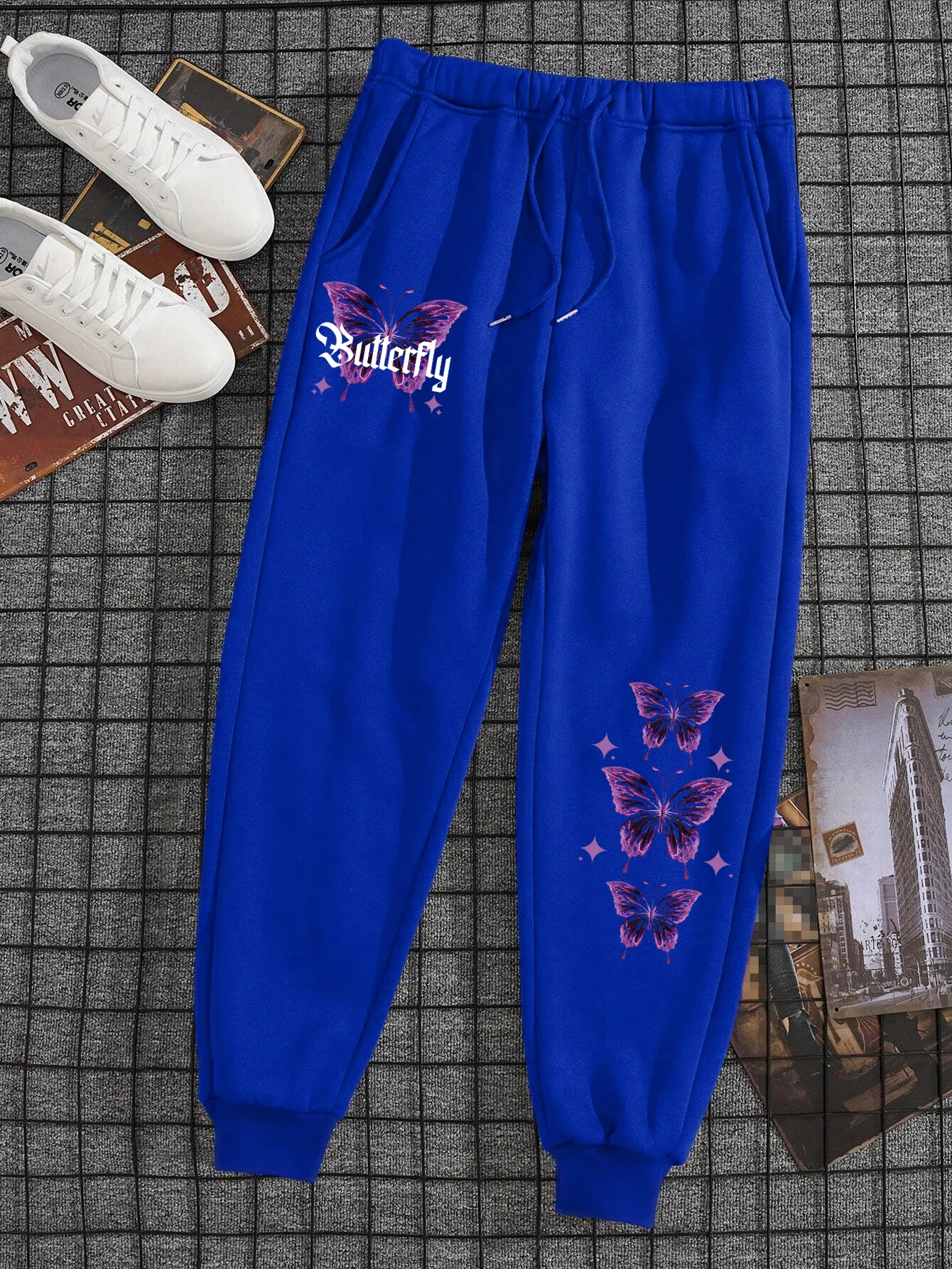 Fashion Woman Sweatpants Purple Butterfly Printed Pants Elastic Waist Comfortable Warm Trousers Autumn Winter Female Sportswear