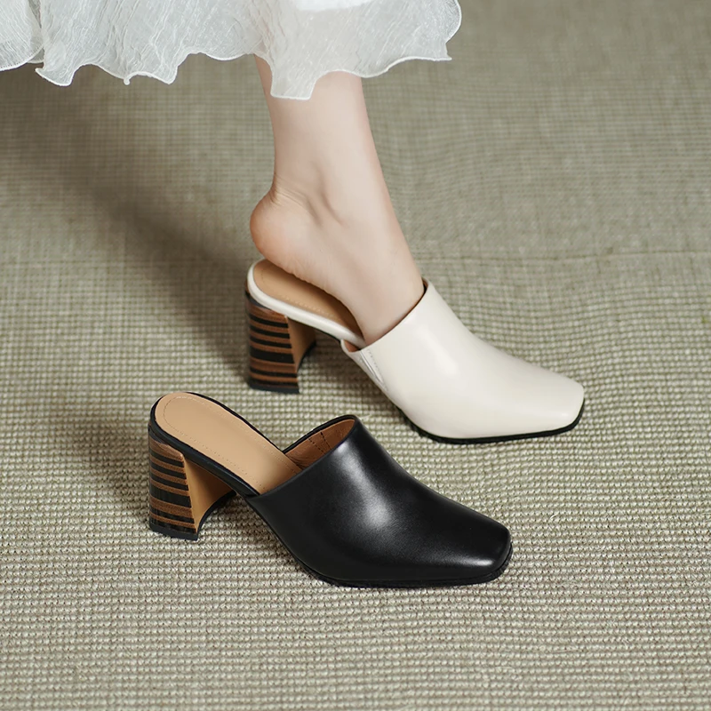 

Женские туфли из натуральной кожи, модные мюли с квадратным носком, летние женские босоножки на каблуке