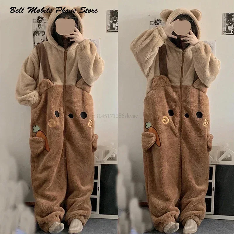Flannel Anime Onesie Adults Animal Pijama Pajamas Set Women Men Cosplay Halloween Cartoon Pyjama Adults Winter Bear Sleepwear