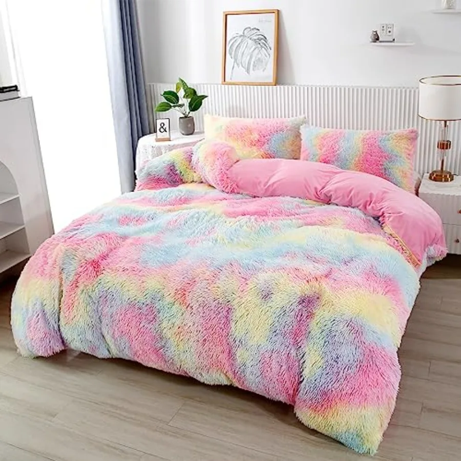 Conjunto de Cama de Pelúcia Colorido de 3 Peças para Meninas, Edredom Fuzzy com Estampa Tie Dye, Tamanho Twin