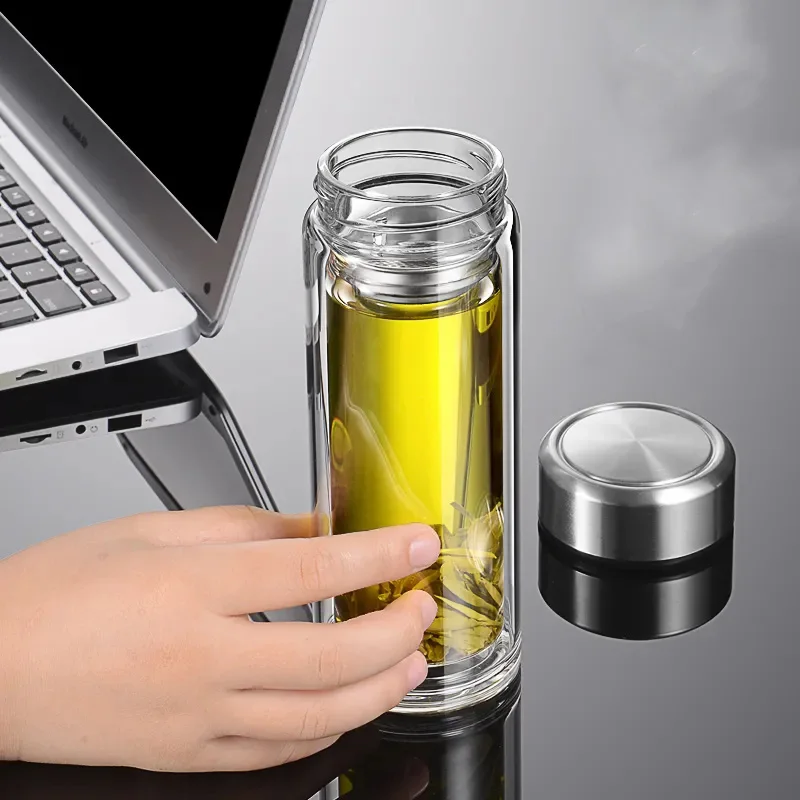 Double-layer Transparent Glass Male Portable Cover Filter Female Student Household Tea Cup Large-capacity Creative Water Cup