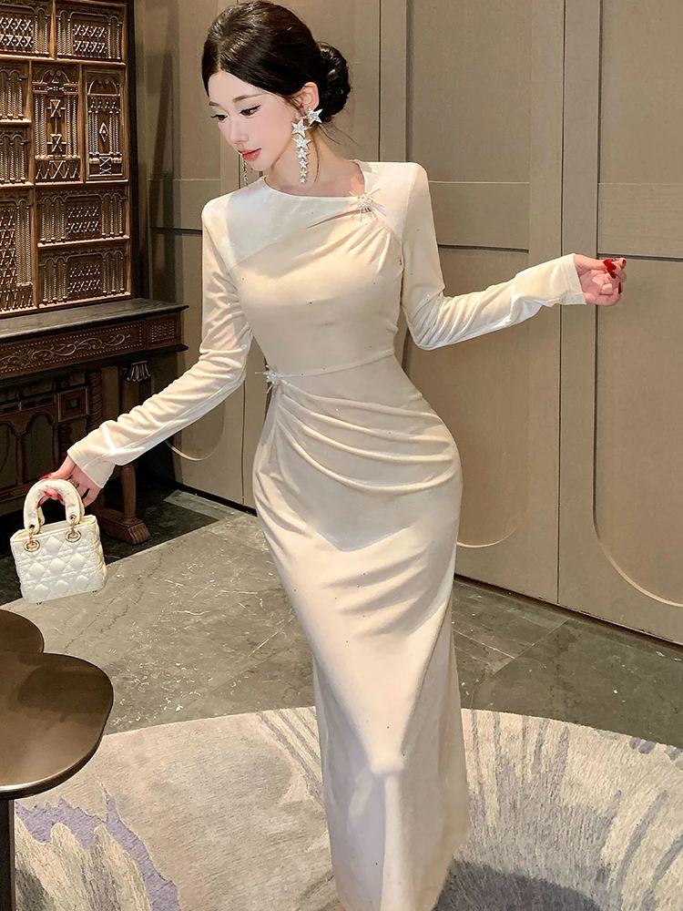 Frauen Soid Samt Pailletten Plissee Diamanten Luxus Langes Kleid Herbst Winter Elegante Bodycon Langes Kleid 2025, Koreanische Festival Kleid