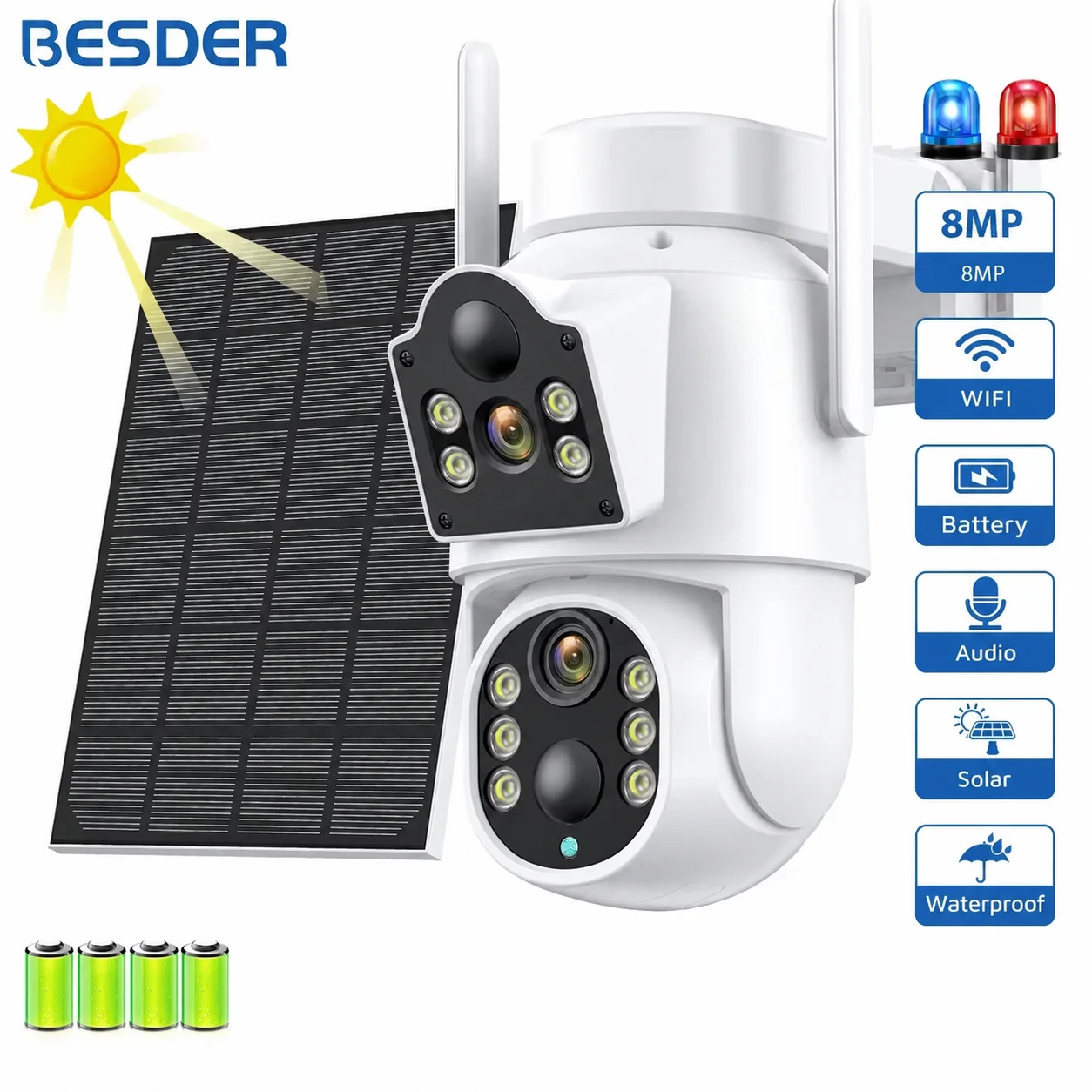 BESDER 8MP WLAN-Solarkamera PTZ Außen Dual-Bildschirm Nachtsicht IP-Kamera Solarpanel 7800mAh Akku Aufladbar ICSee App