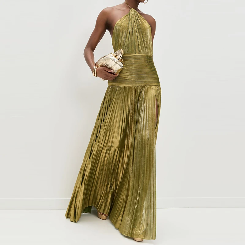 Sexy Backless High Split Party Dress 2025 Fashion Sleeveless Solid Evening Dress Ladies Summer Halter Hollow Pleated Long Dress