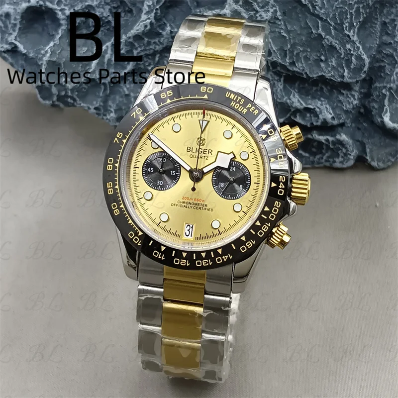 BLIGER 39mm VK64 Quartz Chronograph Watch For Men Two tone Gold Stanless Steel Strap Black Gold Bezel Sapphire Glass Waterproof