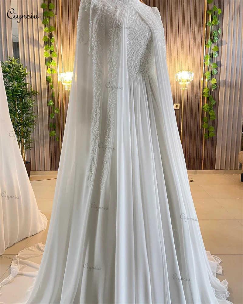 Ciynsia Luxury Long Sleeves Arabic Muslim A-Line Wedding Gowns Beading Chiffon Bride Dress with Cape Vestidos De Novia 2024