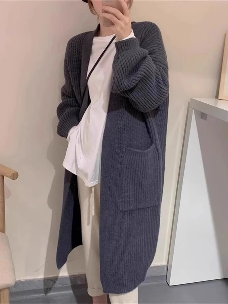 

plus Size Long Cardigan Women's Faion Autumn Winter New Sle ket Design American Versatile Open-irt Women's Sweater