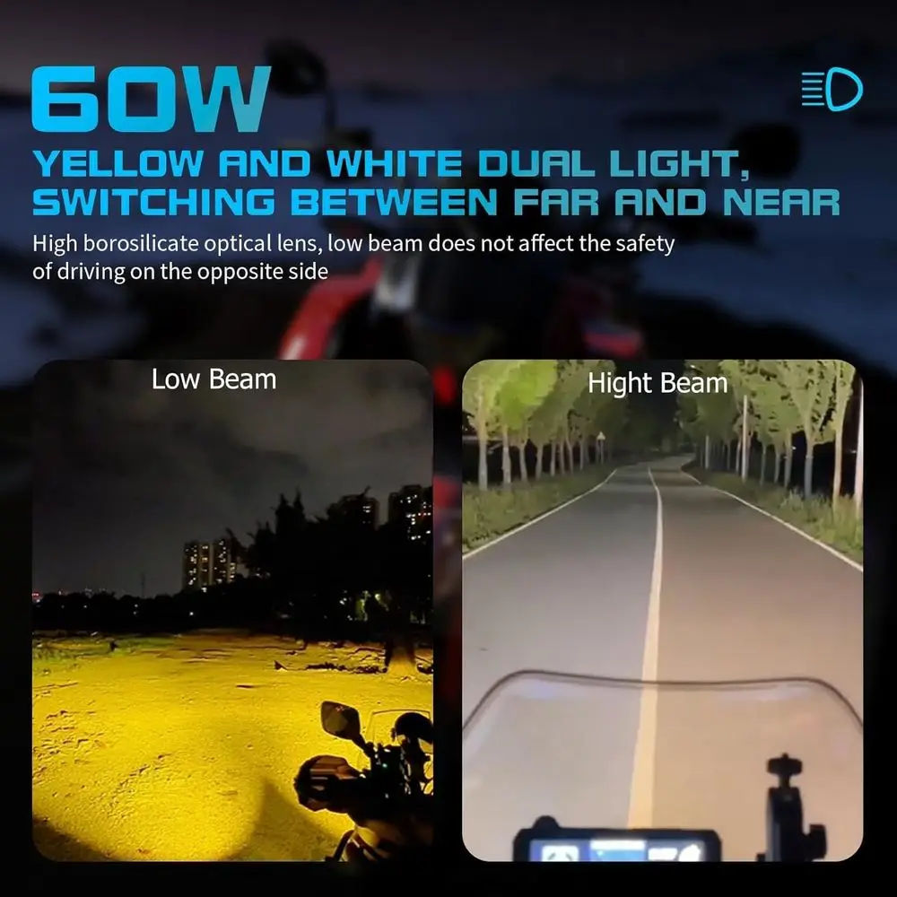 Luz led auxiliar para motocicleta, holofotes de condução, branco/âmbar, luzes de neblina com suportes de montagem, chicote de fios, à prova d'água, offroad, wor