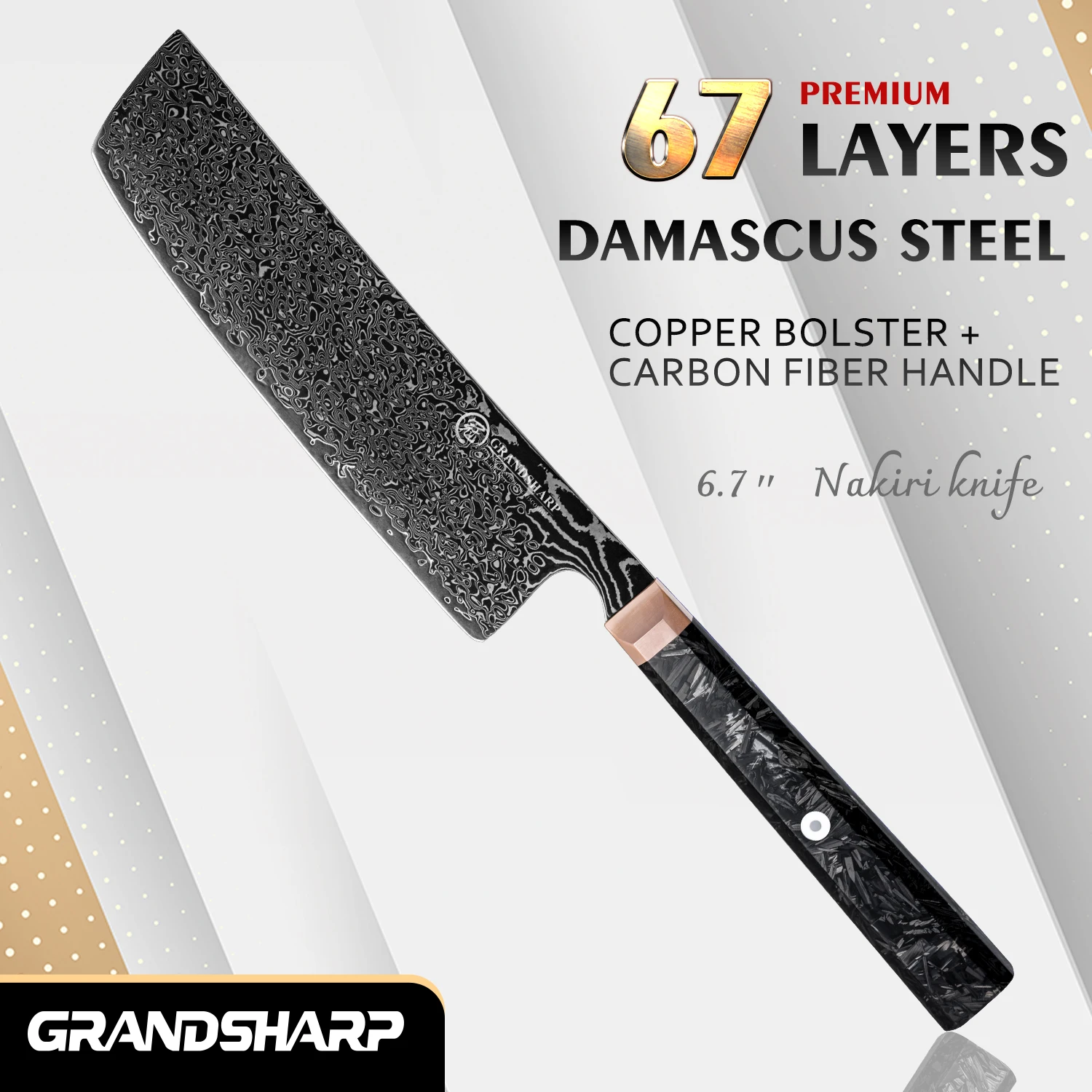 Cuchillo Grandsharp Nakiri de 6,7 ", cuchillo de cocina de Chef de acero damasco de 67 capas, refuerzo de cobre con núcleo 10CR15COMOV + mango de fibra de carbono