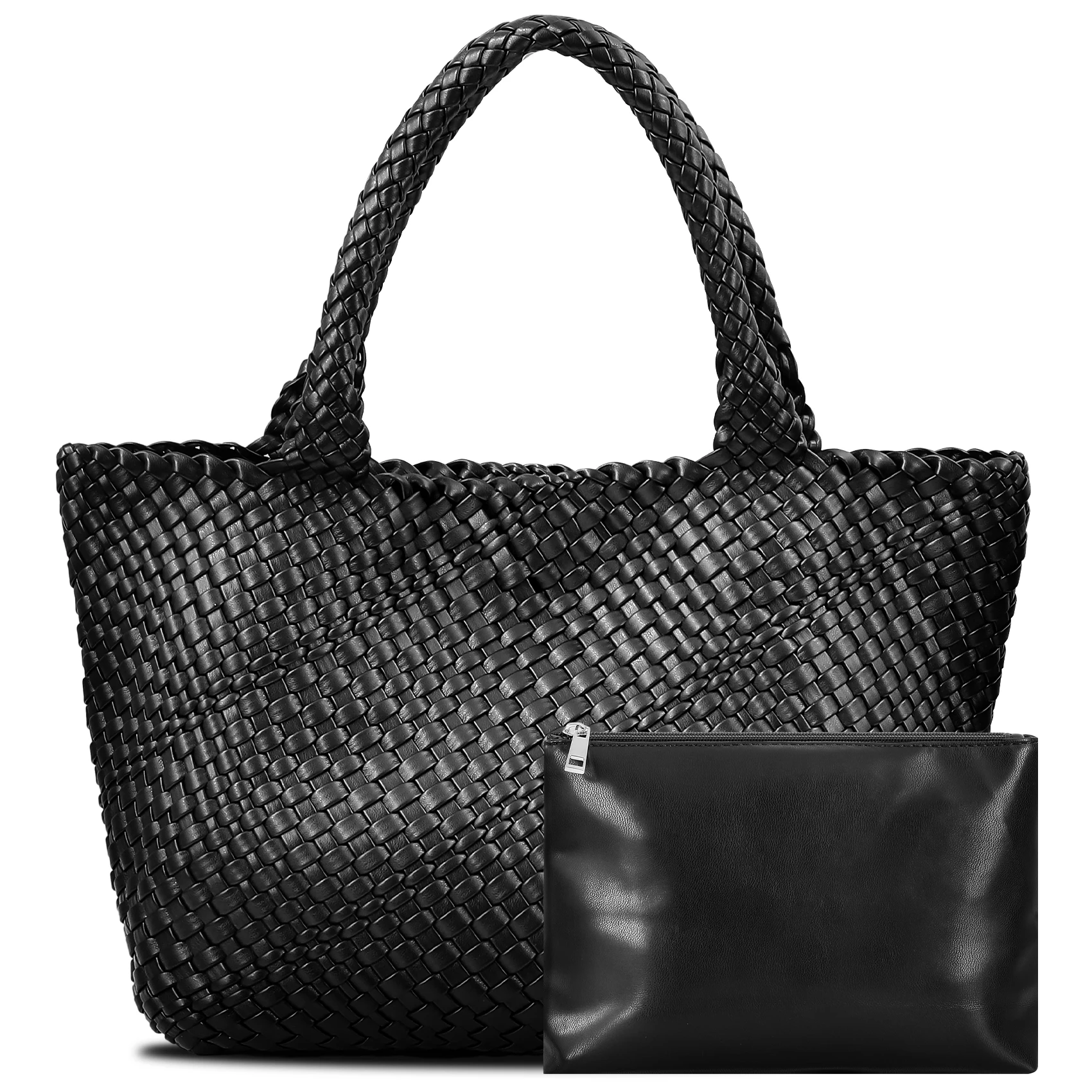 Woven Bags for Women Fashion Top Handle Shoulder Bag Soft Vegan Leather Work Shopper Summer Beach Travel Tote Bag with Purse