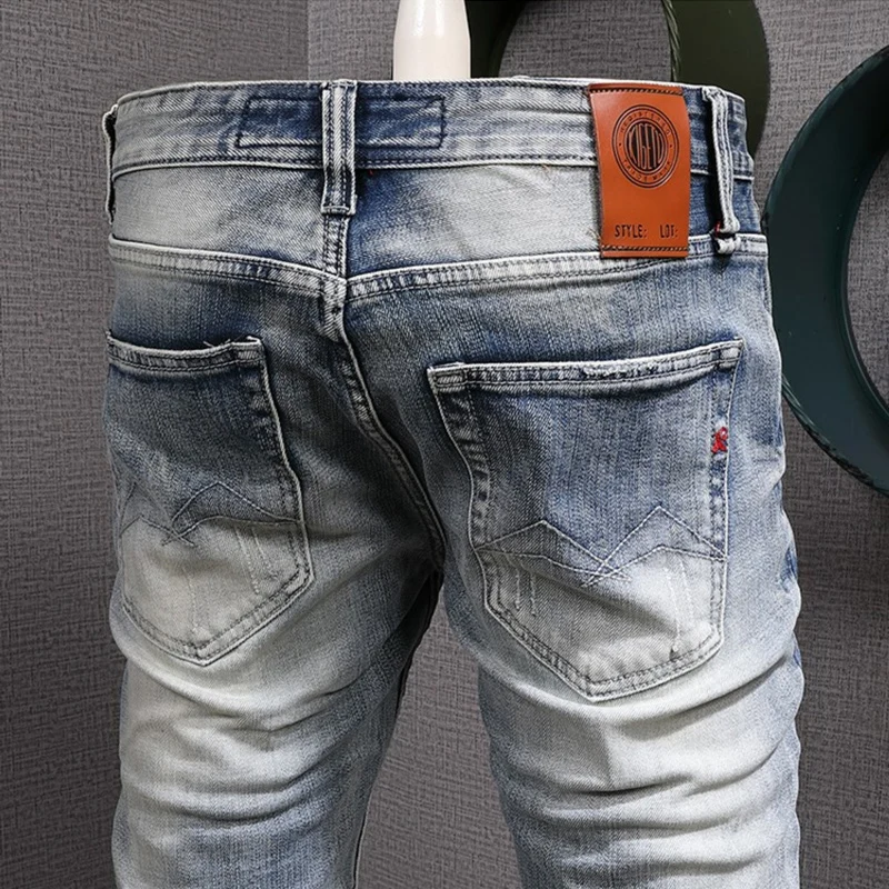 Fashion Vintage Men Jeans High Quality Plain Washed Retro Light Blue Elastic Slim Ripped Jeans Men Designer Denim Pants Hombre