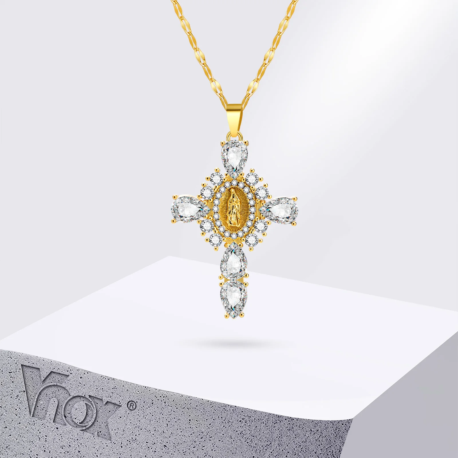 

Vnox Maria Centered Cross Pendant Necklaces for Women Girls, Big AAA CZ Stone Cross Collar, Christian Religious Faith Jewelry