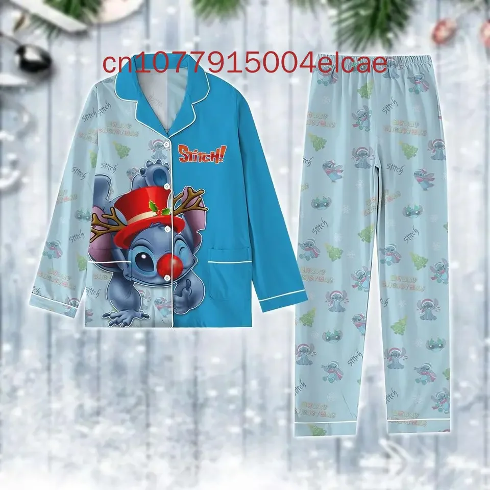 Christmas Stitch Family Pajamas Set Disney 3D Printed Casual Men\'s and Women\'s Long Sleeve Shirt Pajama Set