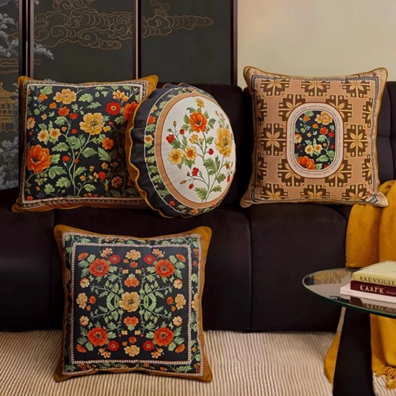 Classcial Flora Pillows Country Style Red Flower Cushion Case Luxury Velvet Decorative Pillow Cover For Sofa Chair Home Decorate