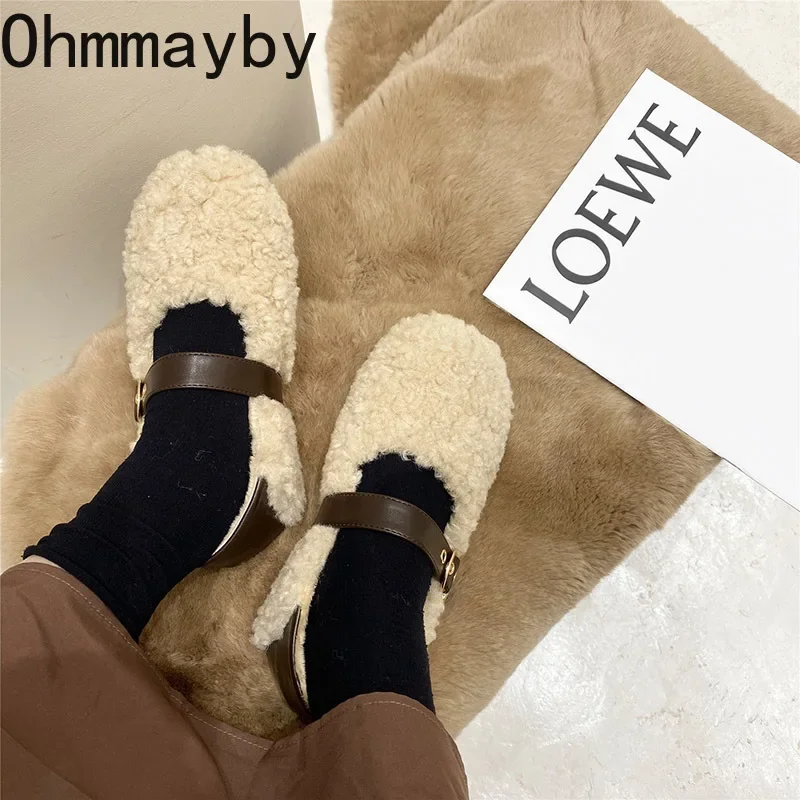 2024 Spring Lambhair Women Ballet Laofer Flat Shoes Fashion Shallow Slip On Ladies Fur Mary Jane Shoes Soft Outdoor Granny Shoes