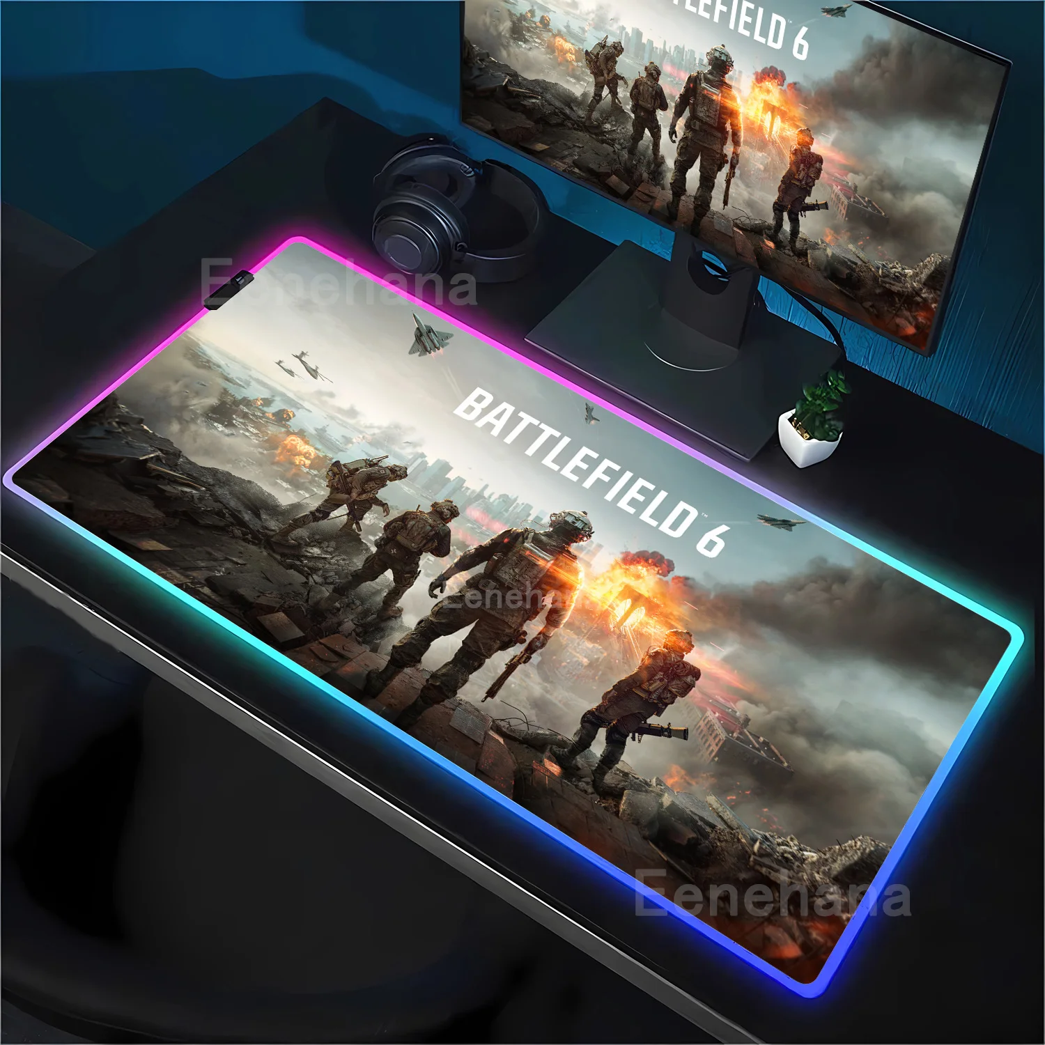 Alas Meja Gamer RGB Baru Lampu Latar B-Battlefield 6 Alas Mouse Lampu Belakang Led Aksesori Gaming Besar Overlock Esports Mousepad