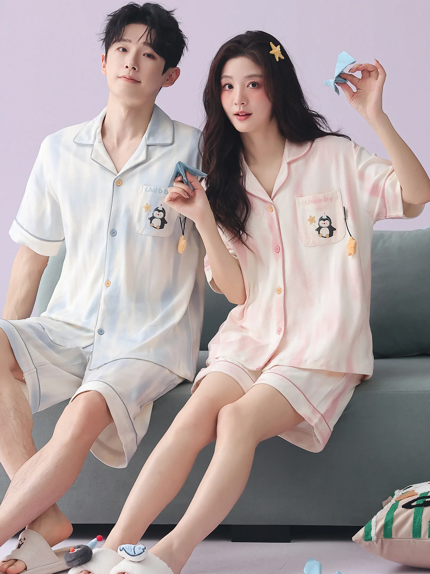 pijamas-de-algodon-de-verano-para-parejas-ropa-fina-de-manga-corta-para-el-hogar-cardigan-abierto-con-dibujos-animados-conjunto-de-algodon-para-hombre-y-mujer