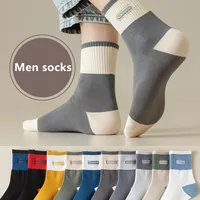 5 Pairs Winter Cotton Blend Striped Mid Tube Men's Socks-Knit Fabric Breathable Short Socks Men