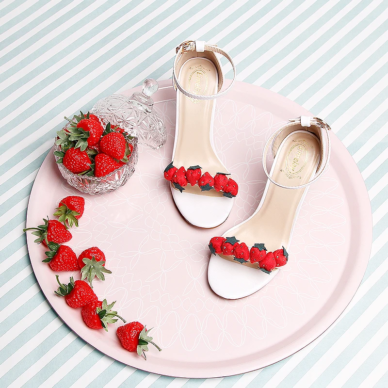 Sweet Style Strawberry String Sandals Open Toe One-button Ankle Strap Pu Leather Women Summer Hollow Pumps Student Daily Wear