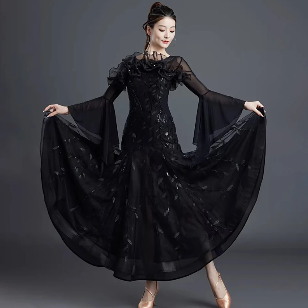 

Elegant Sequined Ballroom Dance Dress for Women Modern Waltz Tango Competition Flare Sleeve Big Swing Performance Long Dress