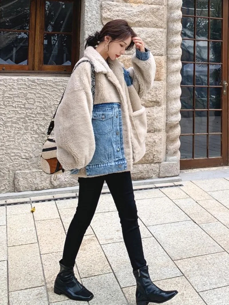 Patchwork Denim Lamb Wool Jacket For Women\'s Winter Plush Thickening Woman Coat Women Coat Winter Women\'s Cold Coat Coats Down