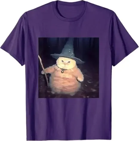 تي شيرت رجالي مضحك على شكل قطة الهالوين من The Wizard Cat ملابس جرافيك مضحكة ولطيفة على شكل قطة صغيرة بأكمام قصيرة