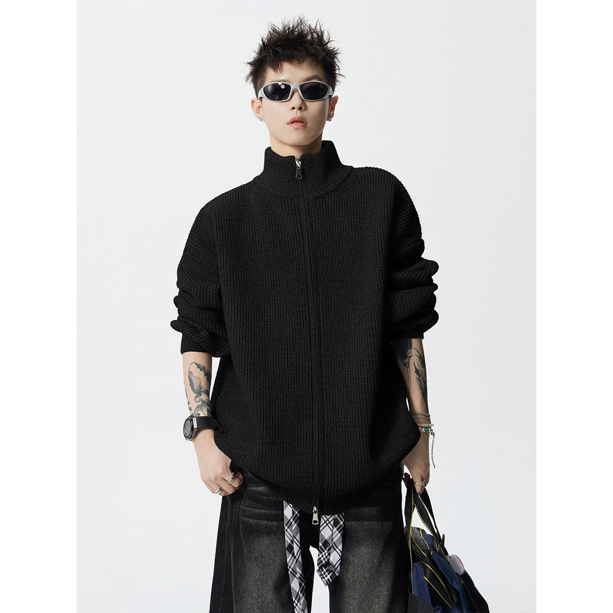 American Style Double Zipper Floral Gray Stand Collar Knitted Cardigan Men Autumn Winter Loose Casual Versatile Black Sweater