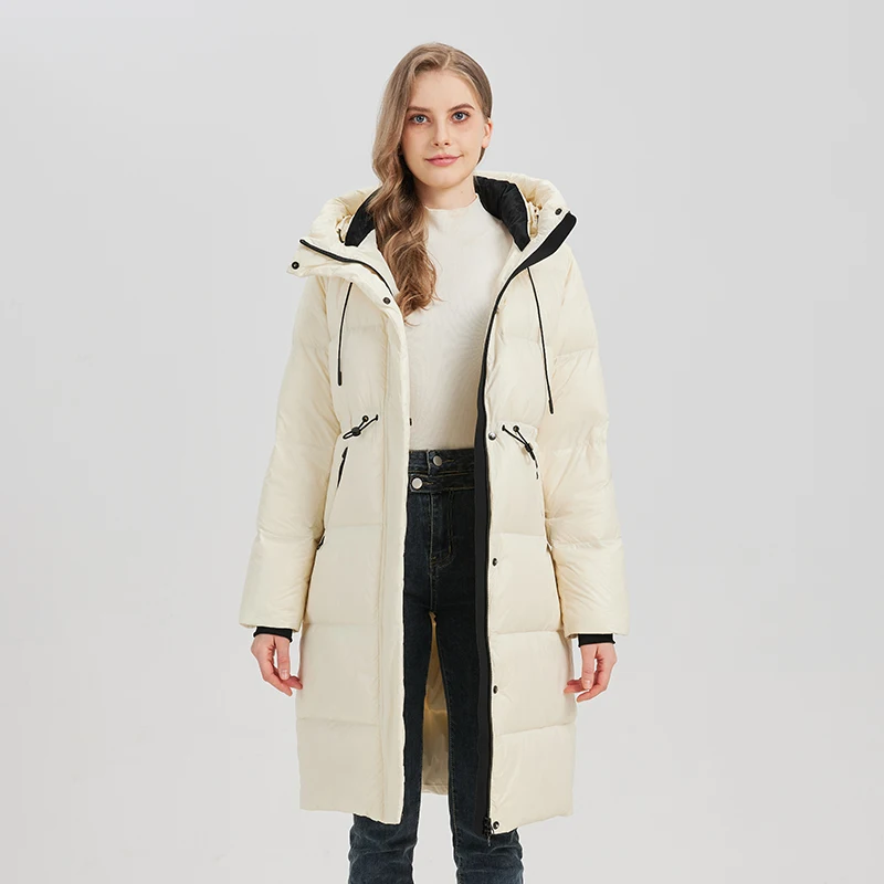 Schwarze Kapuzenjacke aus 90 % weißer Gänsedaunenjacke für Damen, modisch, hoher, flauschiger Kordelzug, langer Overknee-Gänsedaunenmantel, 2026 Winterneu