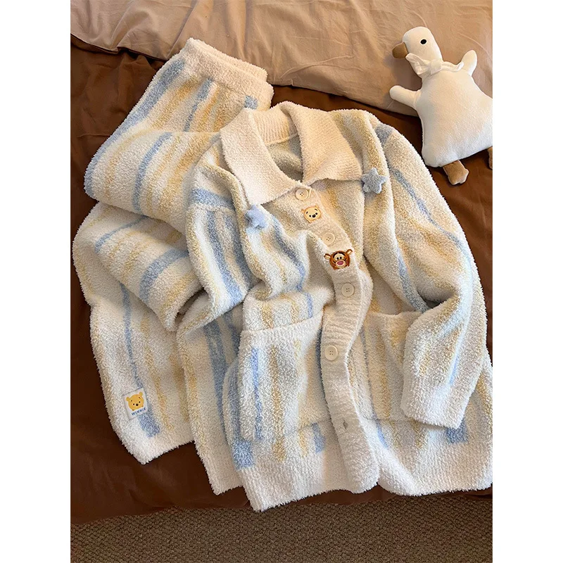 

Женский пижамный комплект с милым медведем и звездами, 2026, зимняя толстая теплая флисовая одежда для сна, мягкий плюшевый кардиган, полосатая одежда для дома, домашняя одежда