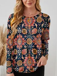 Fashion Women's vintage flower Graphic O-Neck Long Sleeve T-Shirt Casual Tops Womens Clothing Harajuku Female Clothing Pullover