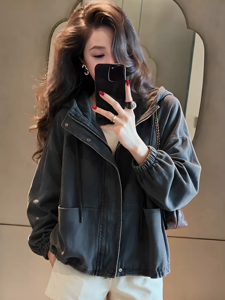 Retro Washed Hooded Jacket Women's Design Spring New Loose Fit Short Outerwear Cotton Commute Style Zipper Decorated Long Sleeve