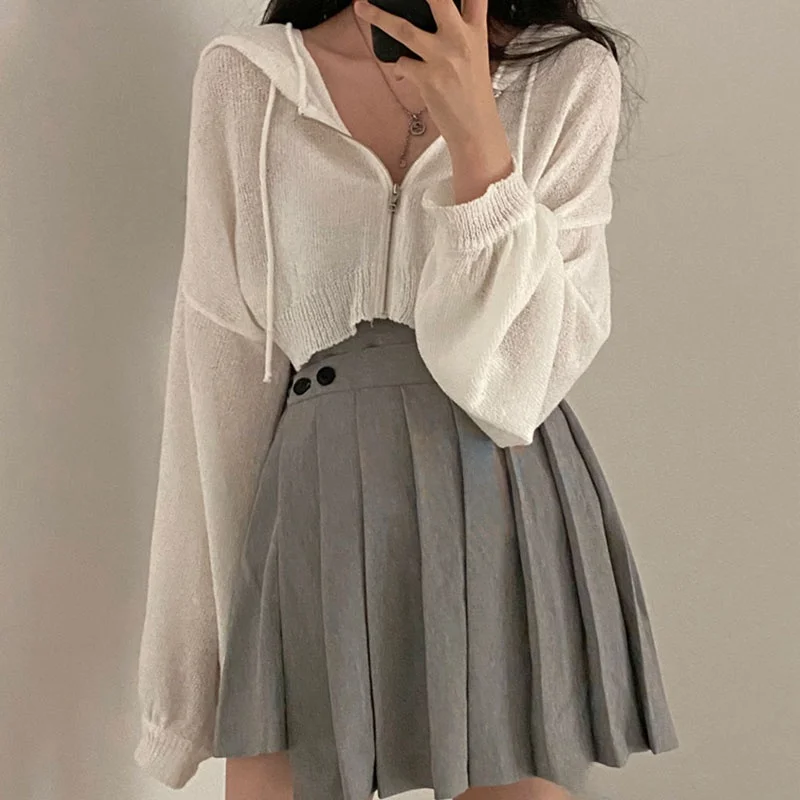 

Chic Summer Simple Matchable Dstring Hood Zipper Design Thin Ice Silk Sun Protection Knitted Open Cardigan Outerwear